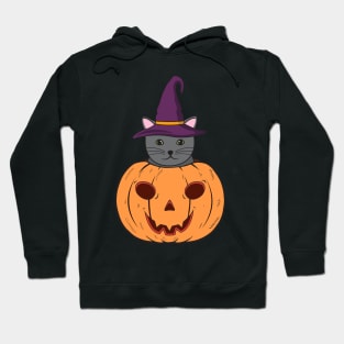 Halloween Cute Cat With Witch Hat Stuck In A Pumpkin Head. Hoodie